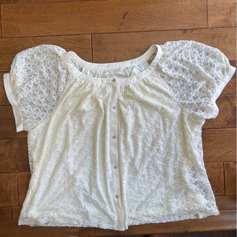 LC‎ Lauren Conrad Women 2X Cream Floral Embroidered Lace Button Front Blouse Top
